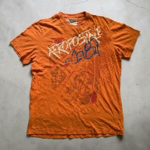 Aeropostale Mens Graphic T-Shirt Orange Est 1987 Distressed Crew Neck Large Y2K